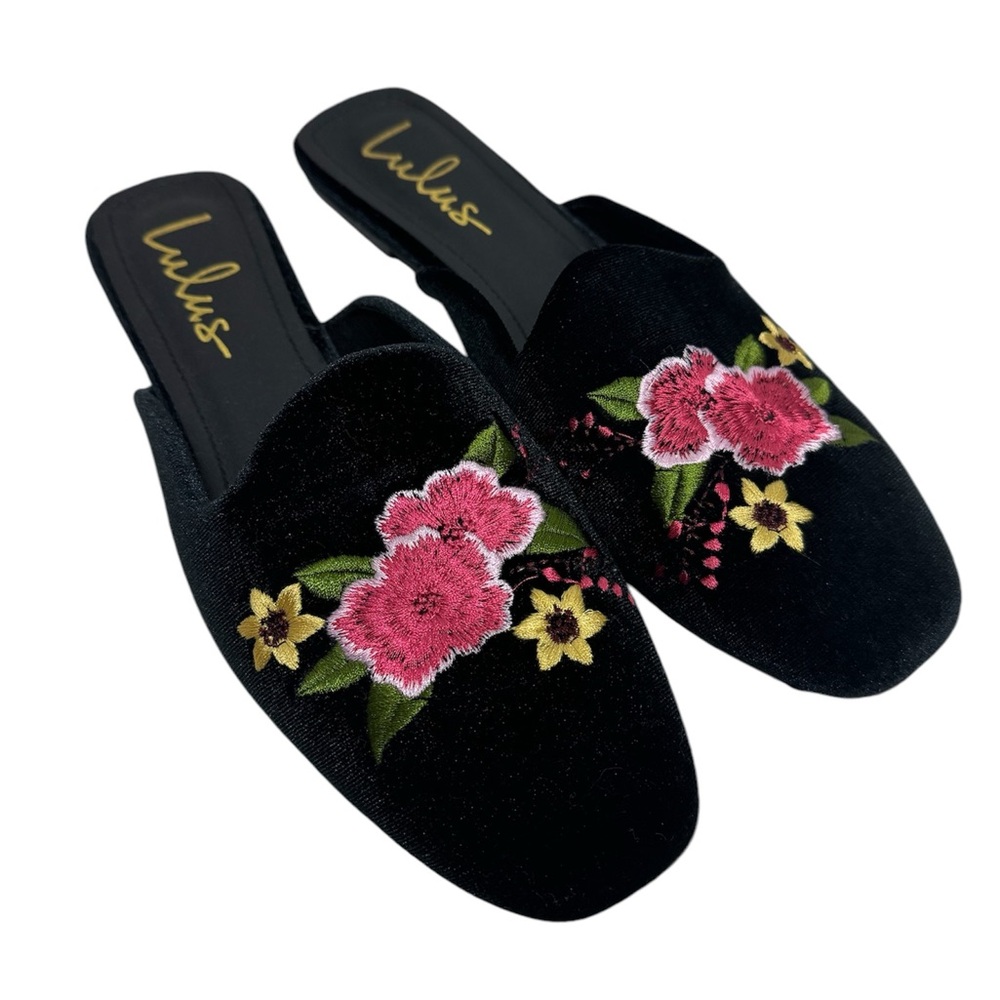 Lulus Maggy Black Velvet Embroidered Square-Toe Loafer Slides 8.5